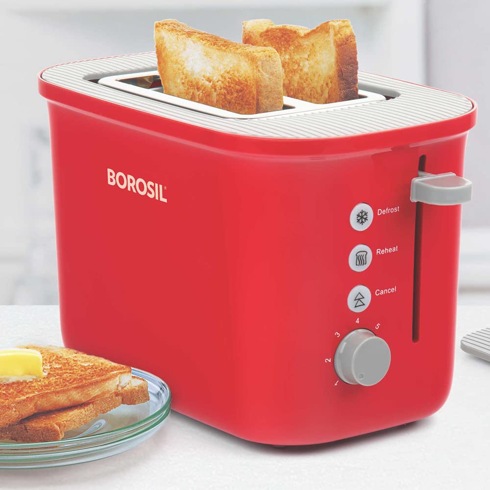 Borosil Krispy Electric Toaster, 2 Slice Toaster with 7 Shade Settings, Defrost, Reheat and Cancel Function, Removable Crumb Tray, Extra-Wide Slots for Bagels, English Muffins, Waffles (Red)