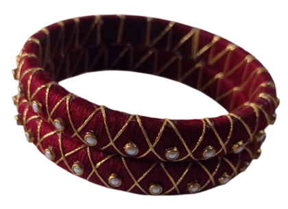  Red and Gold Silk Thread Bangle Set with Pearl Beads