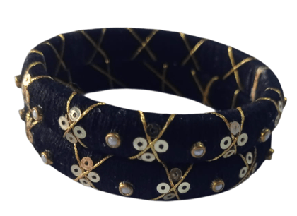  Black Velvet Bangle Set with Pearl and Zari Embroidery