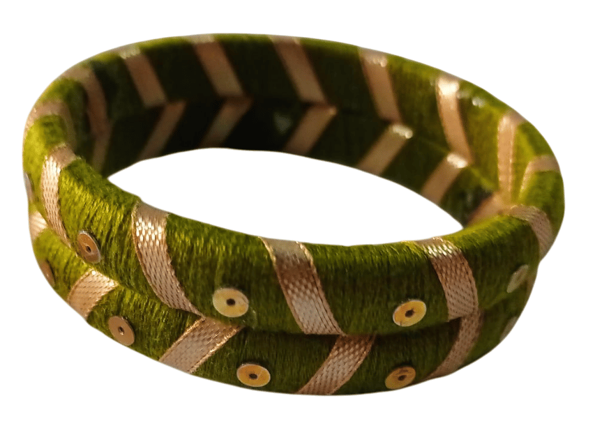  Green and Gold Silk Thread Bangles with Sequin Work