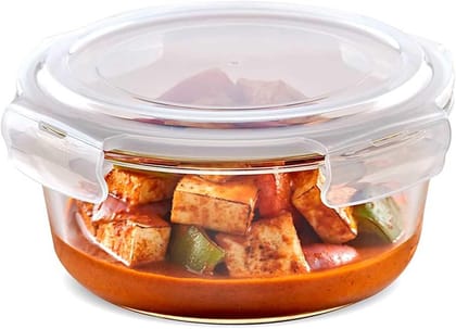 Borosil Klip N Store Glass Storage Container For Kitchen With Air-Tight Lid, Microwave & Oven Safe, Round, 400 ml, Clear