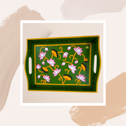 Hand painted pichwai art wooden green color tray