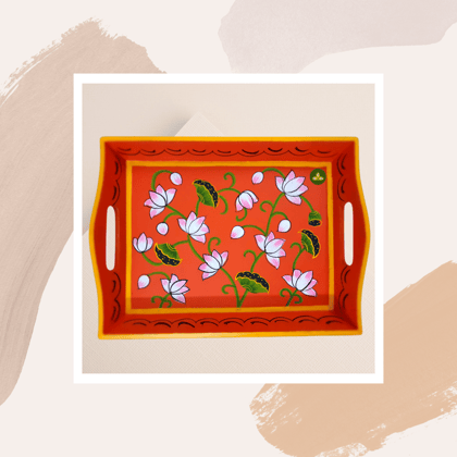 Hand painted pichwai art wooden orange color tray