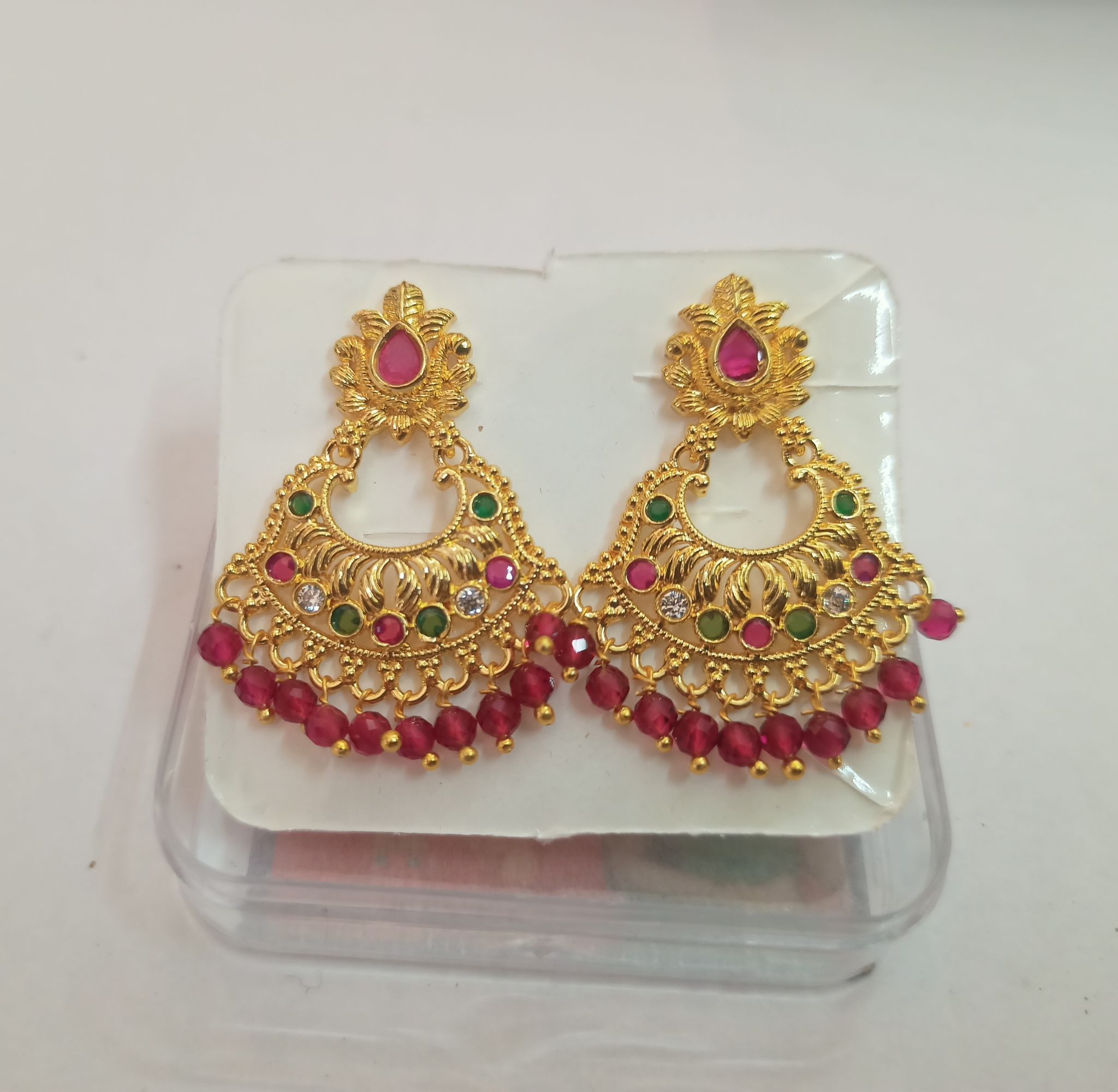  14k Gold Plated Chandbali Earrings with Ruby and Emerald Stones