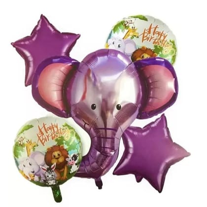 Jungle Safari Elephant Theme Happy Birthday Foil Balloon - Set Of 5