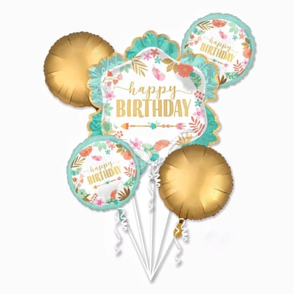 Floral Happy Birthday Foil Balloon, Boho-Theme/Garden Theme Set Of 5 Pcs