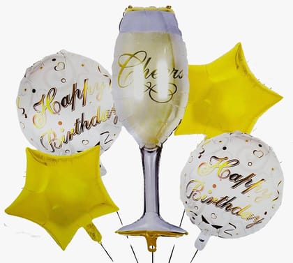 Cheers Wine Glass Foil and 2 Birthday & 2 Gold Star Shape Foil Balloons