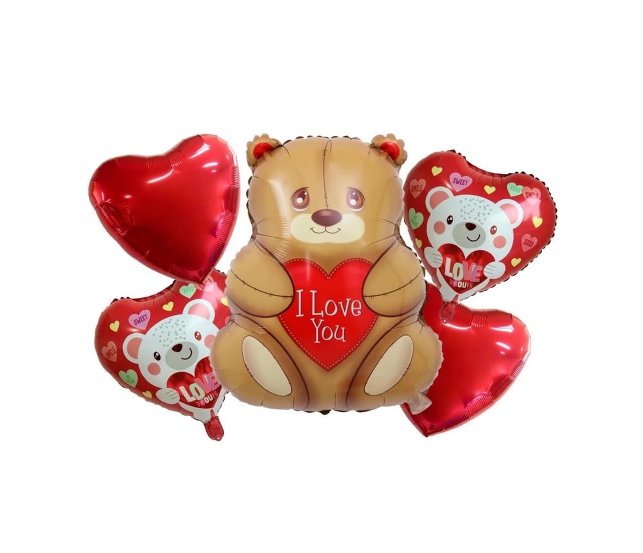 Funky Sweet Teddy Bear Foil Balloon with Red Heart 5 Pcs