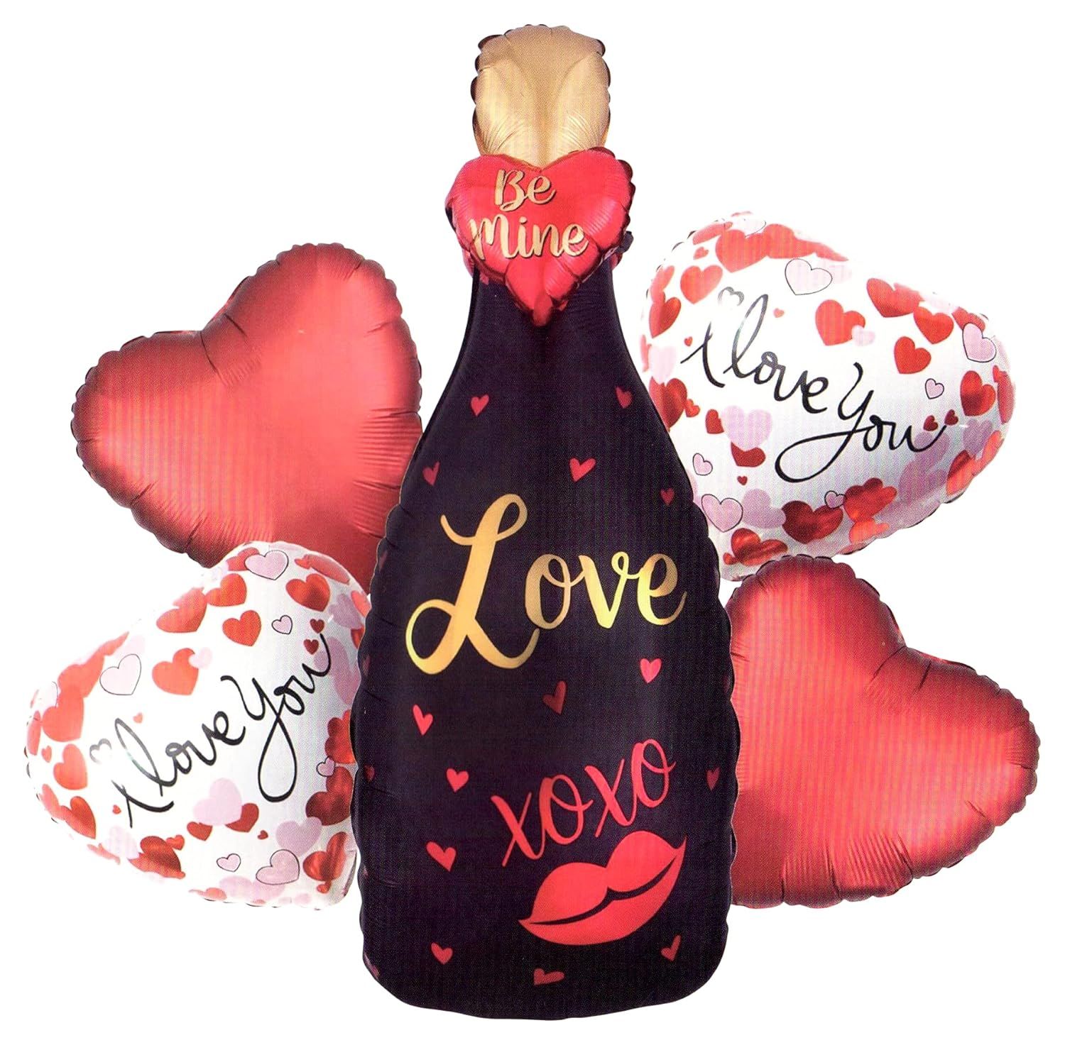 Champagne Bottle Foil Balloon, Heart Balloon Pack of 5