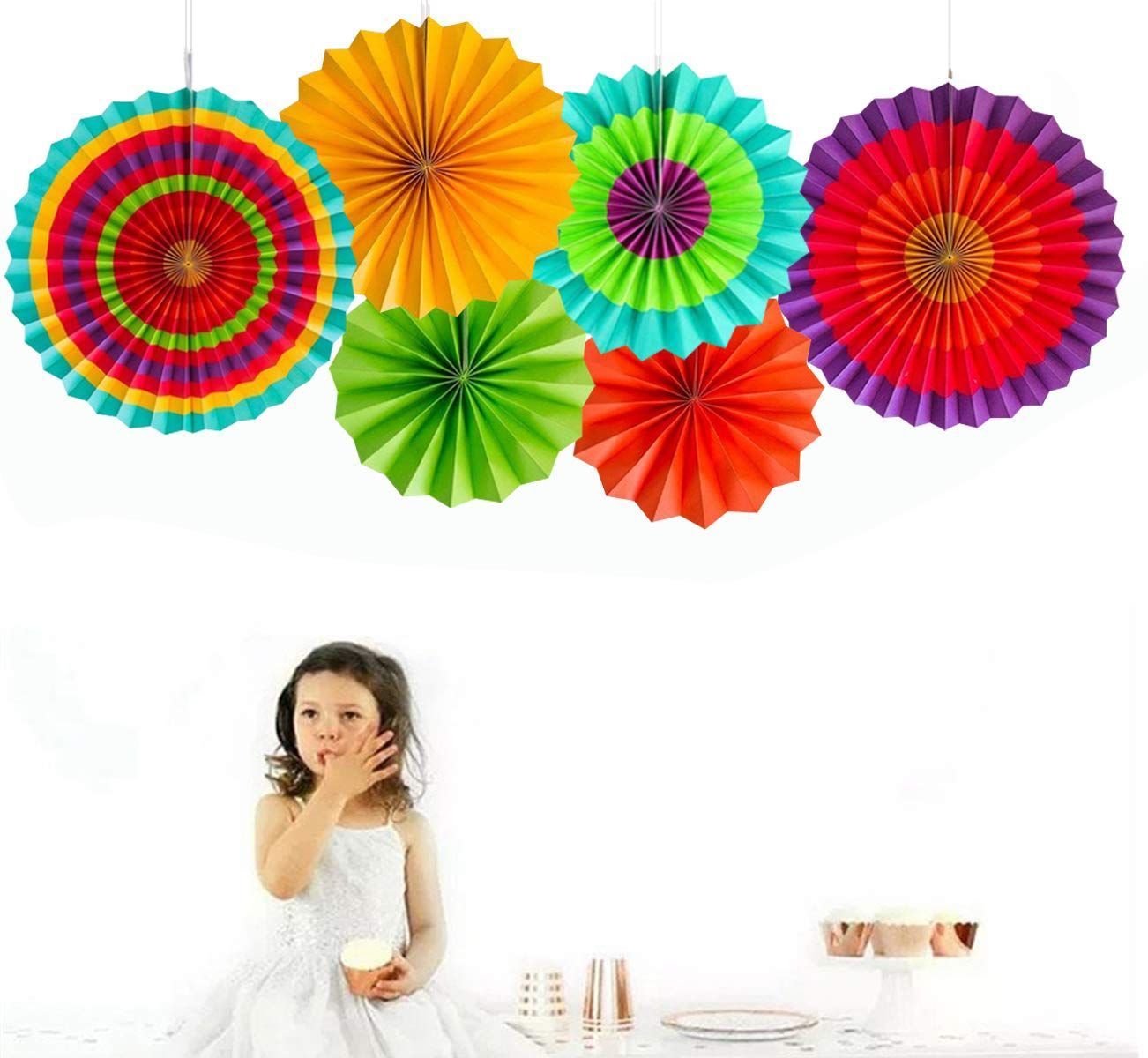 Multicolor Paper Fan Decorations for Weddings, Baby Showers, Birthdays, Holi, Lohri, Diwali festivals pack of 6