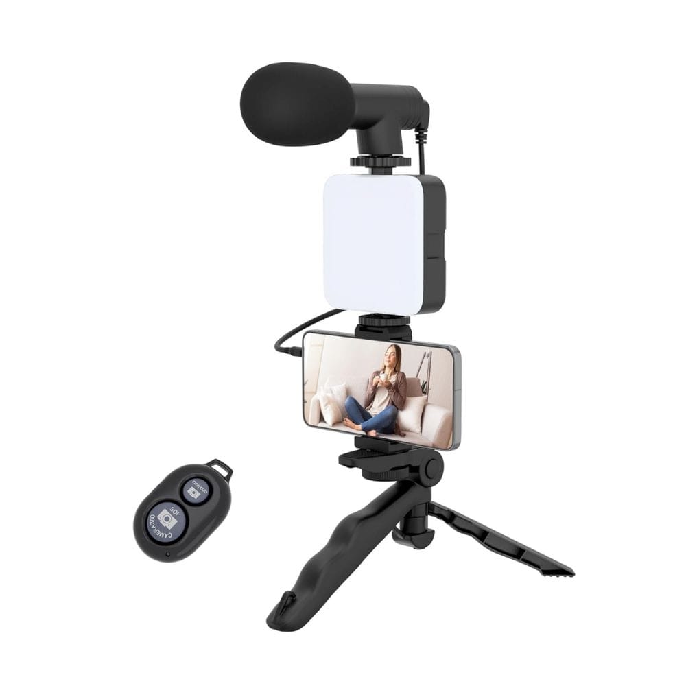 Vlogging Kit Included Bluetooth Remote, Mic, Mini Tripod Stand, LED Light & Phone Holder Clip for Making Videos/Recording YouTube Videos/Podcasting/Content Creation-Black