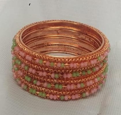 Set of 4 Copper Bangles with Pink and Green Beads