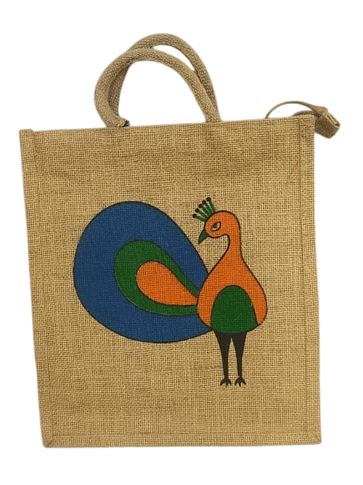 Hand-painted Peacock Jute Tote Bag