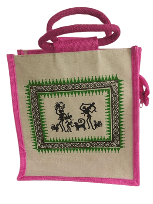 Eco-Friendly Handcrafted Jute Lunch Bag with Warli Painting