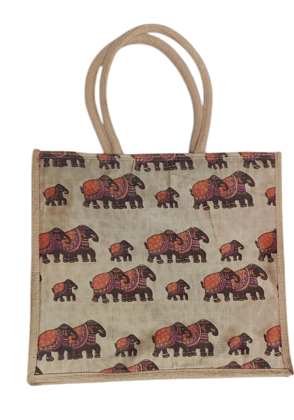 Handmade Jute Tote Bag with Elephant Print