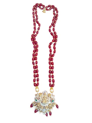  Traditional Indian Necklace Set with Red Beads and Gold Pendant