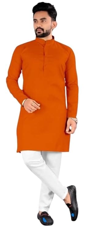 Men's Orange Cotton Blend Long Kurta