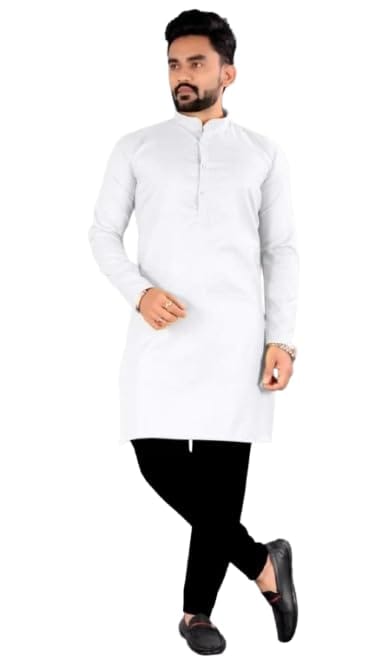  White Cotton Blend Long Kurta For Men