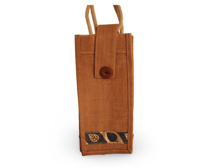 Handcrafted Jute Wine Bottle Bag with Button Closure and Blue Floral Print