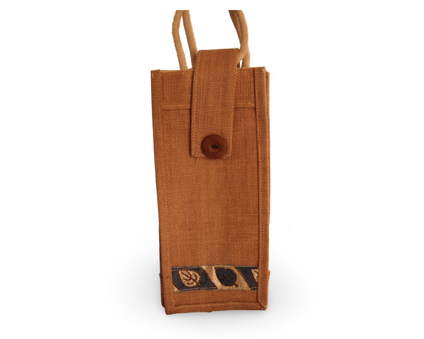 Handcrafted Jute Wine Bottle Bag with Button Closure and Blue Floral Print