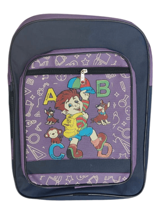 purple and black school bag with a cartoon of a boy and a dog on the front.