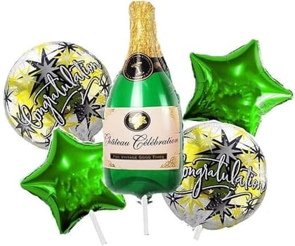 Champagne Bottle Congratulation Theme Foil Balloon Set of 5 (Champagne Green)