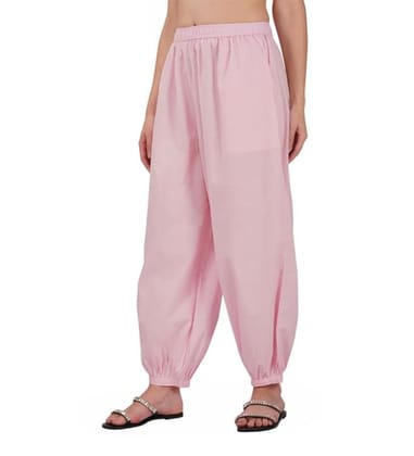 Women's Casual Cotton Cambric Solid Elastic Waist Patiala Harem Pants (Pink) PID49476