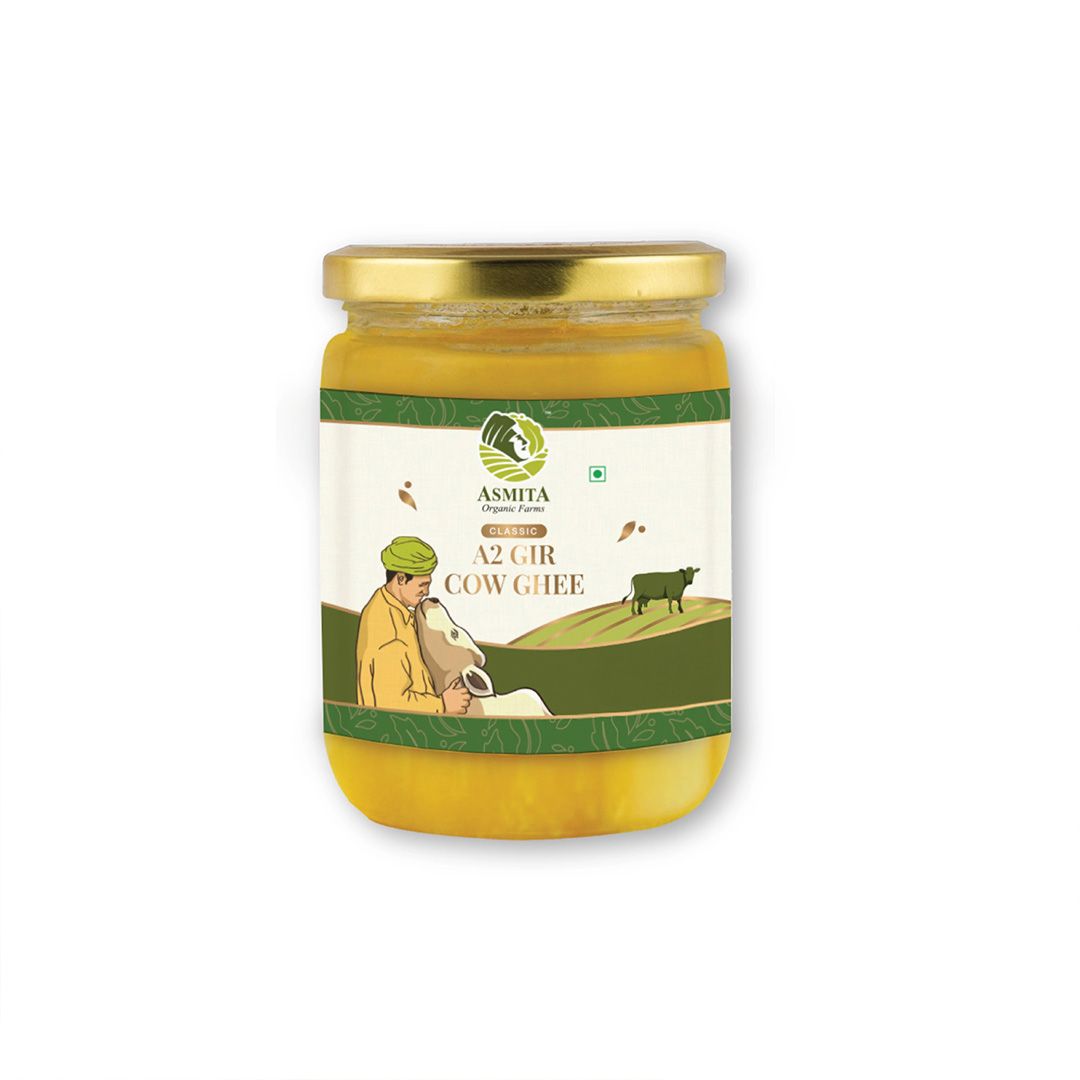 Asmita Organic Farms A2 Gir Cow Ghee 500ml Glass Bottle Pure Cultured Desi Ghee Immunity-Boosting Rich in Omega-3 & Antioxidants Natural & Healthy Ghee for Cooking, Skin & Hair Care