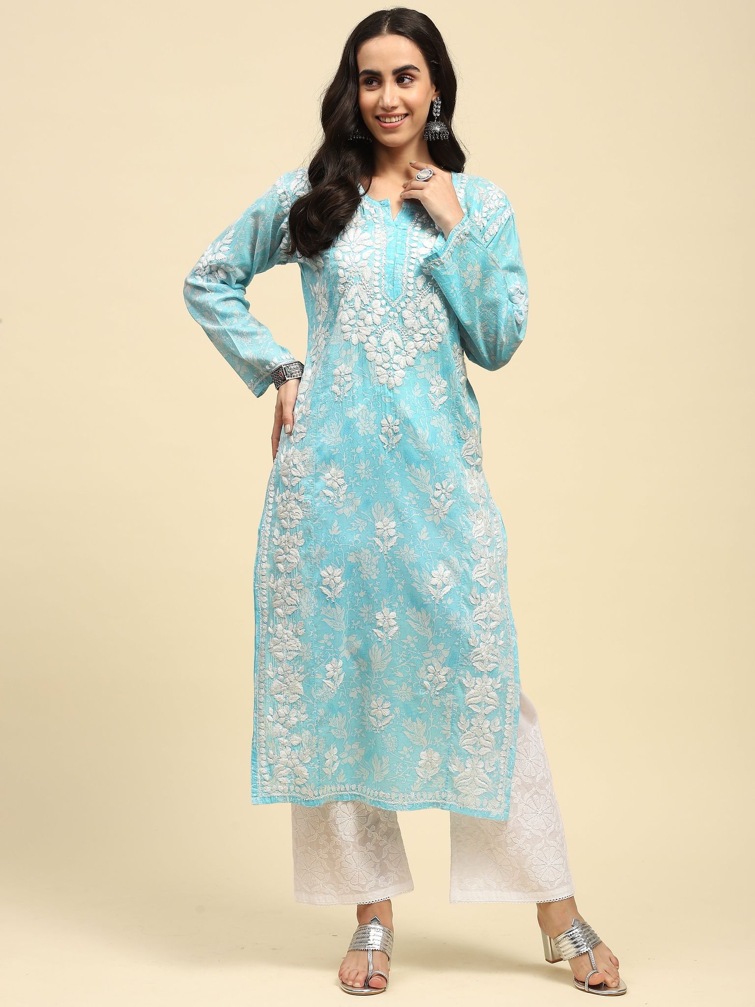 Mulmul Chikankari Printed Women's Long Kurta - Blue