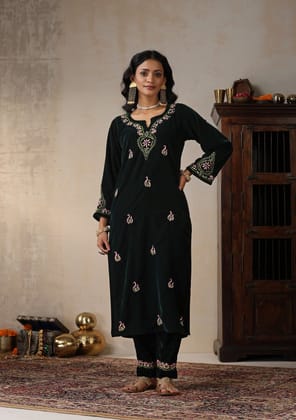 Velvet Chikankari Solid Women's 2 PC Long Kurta Set - Green