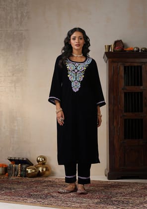 Velvet Chikankari Solid Women's 2 PC Long Kurta Set - Navy Blue