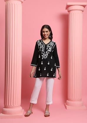 Cotton Chikankari Solid Women's Short Kurta - Black