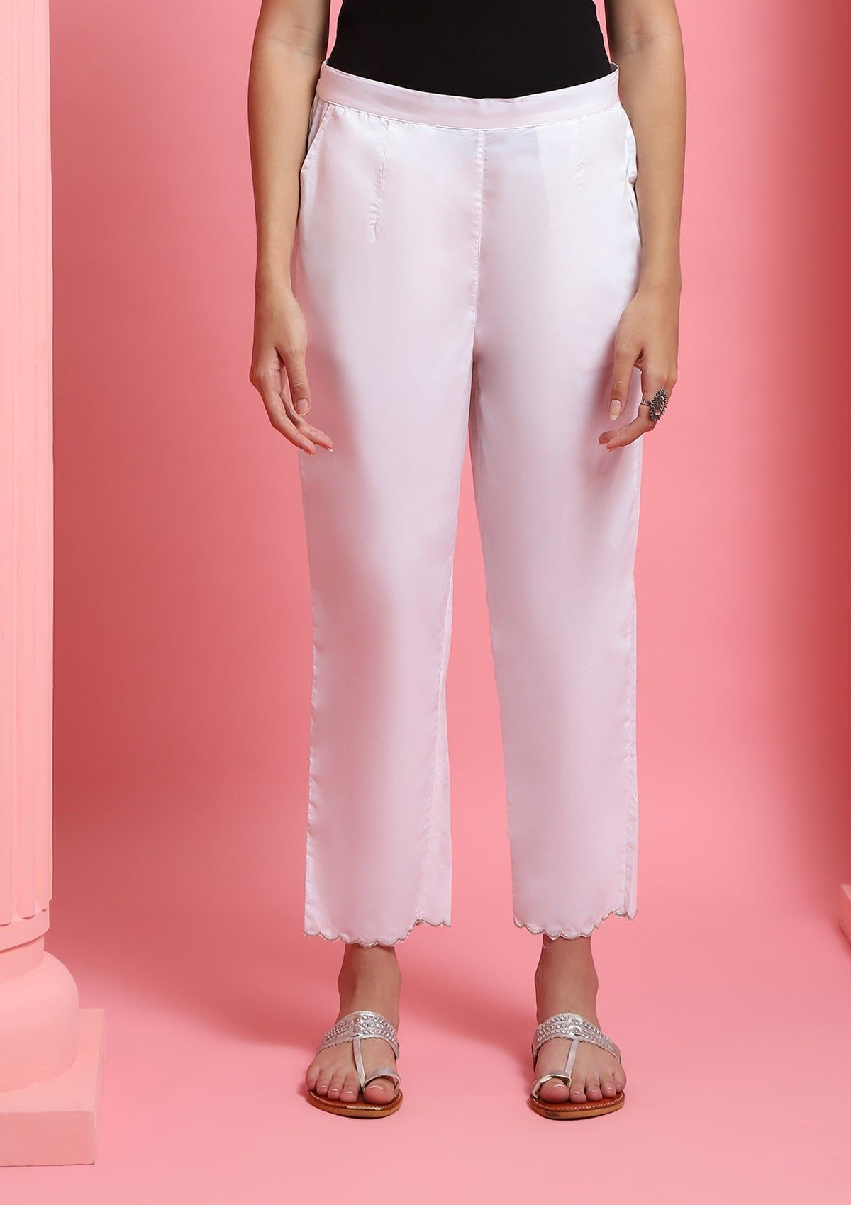 Cotton Scalloped Solid Women's Pants - White