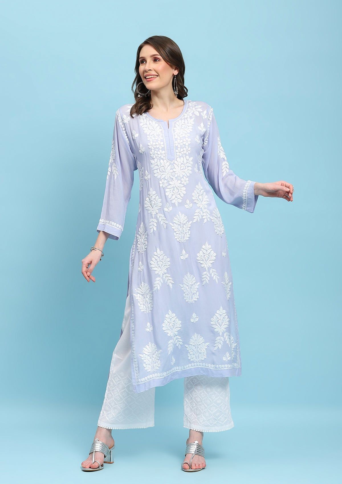 Modal Chikankari Solid Women's Long Kurta - Purple