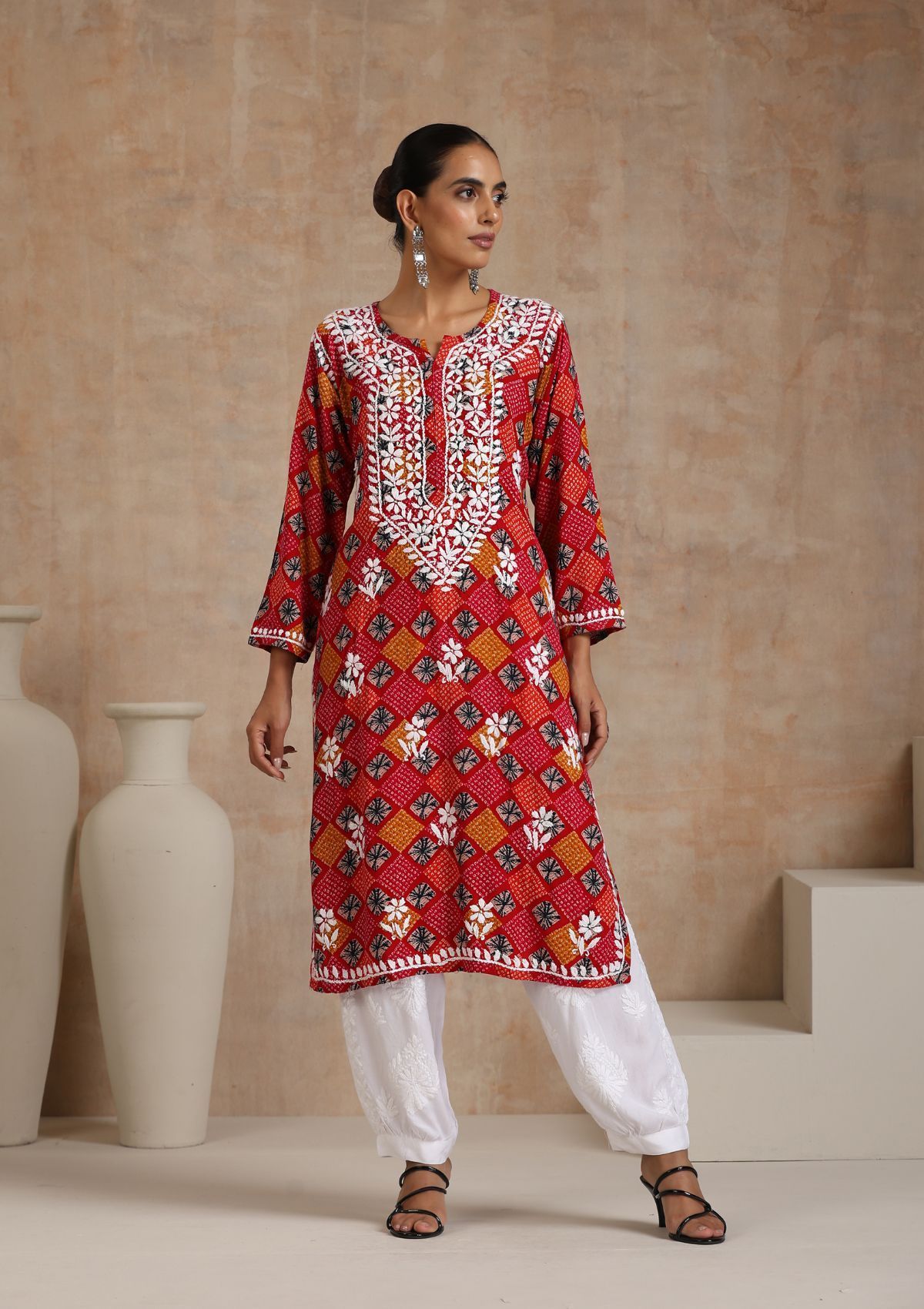 Rayon Chikankari Printed Women's Long Kurta - Red