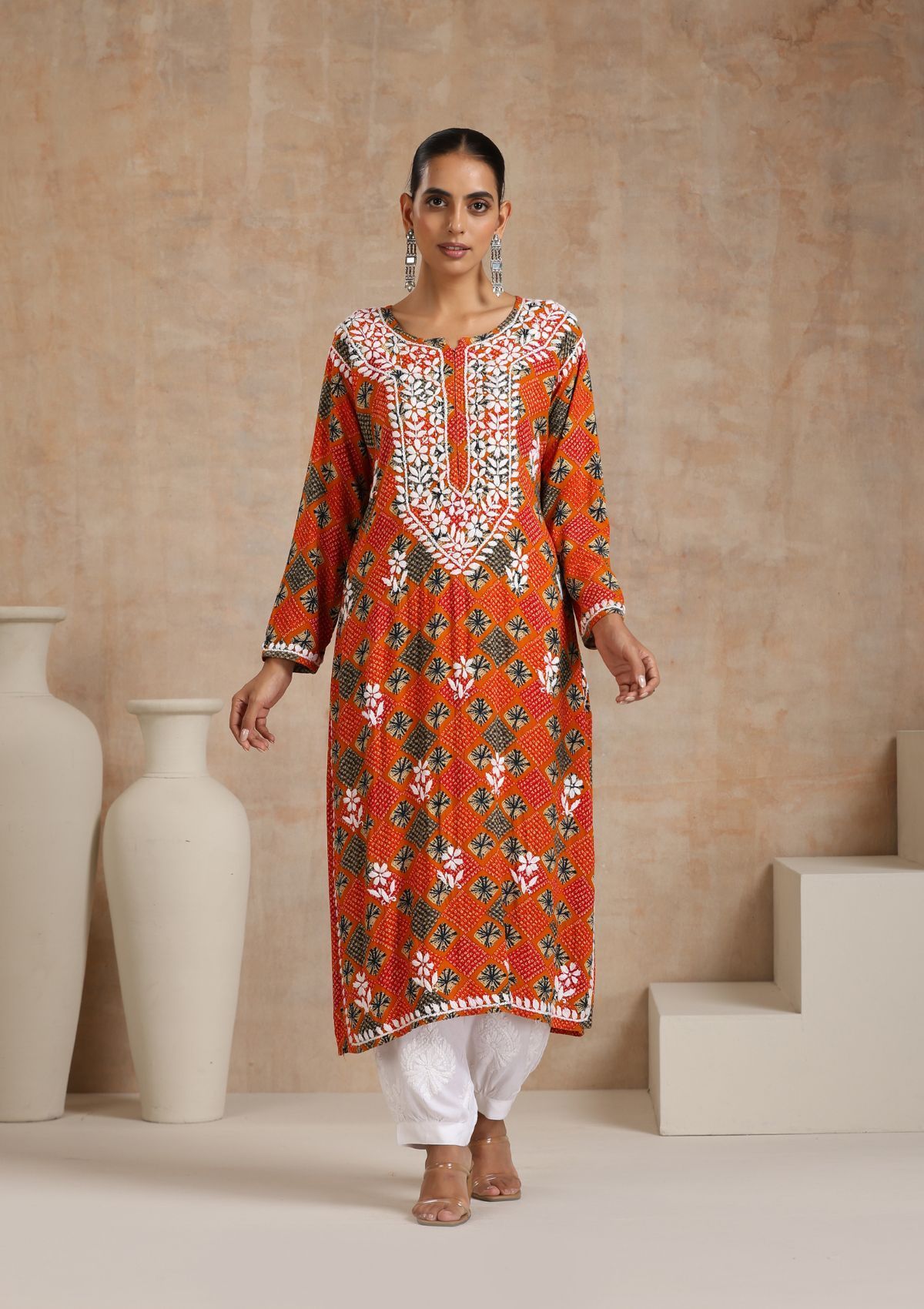 Rayon Chikankari Printed Women's Long Kurta - Orange