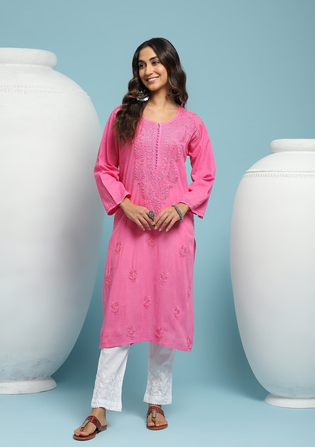 Cotton Chikankari Solid Women's Long Kurta - Pink