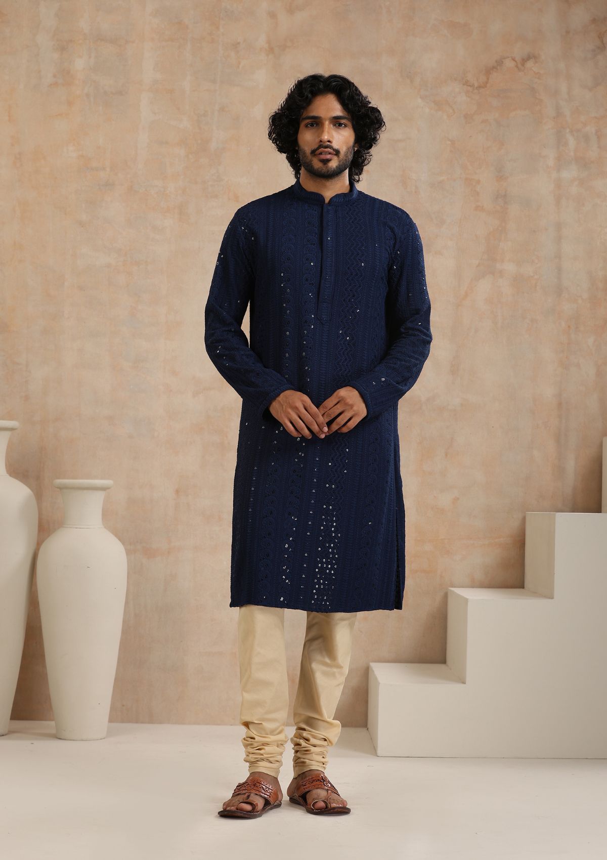 Rayon Schiffli Solid Men's Long Kurta- Navy Blue