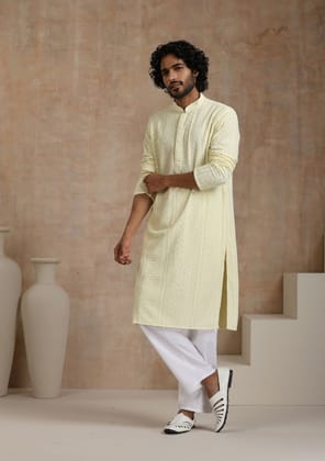 Rayon Schiffli Solid Men's Long Kurta- Cream