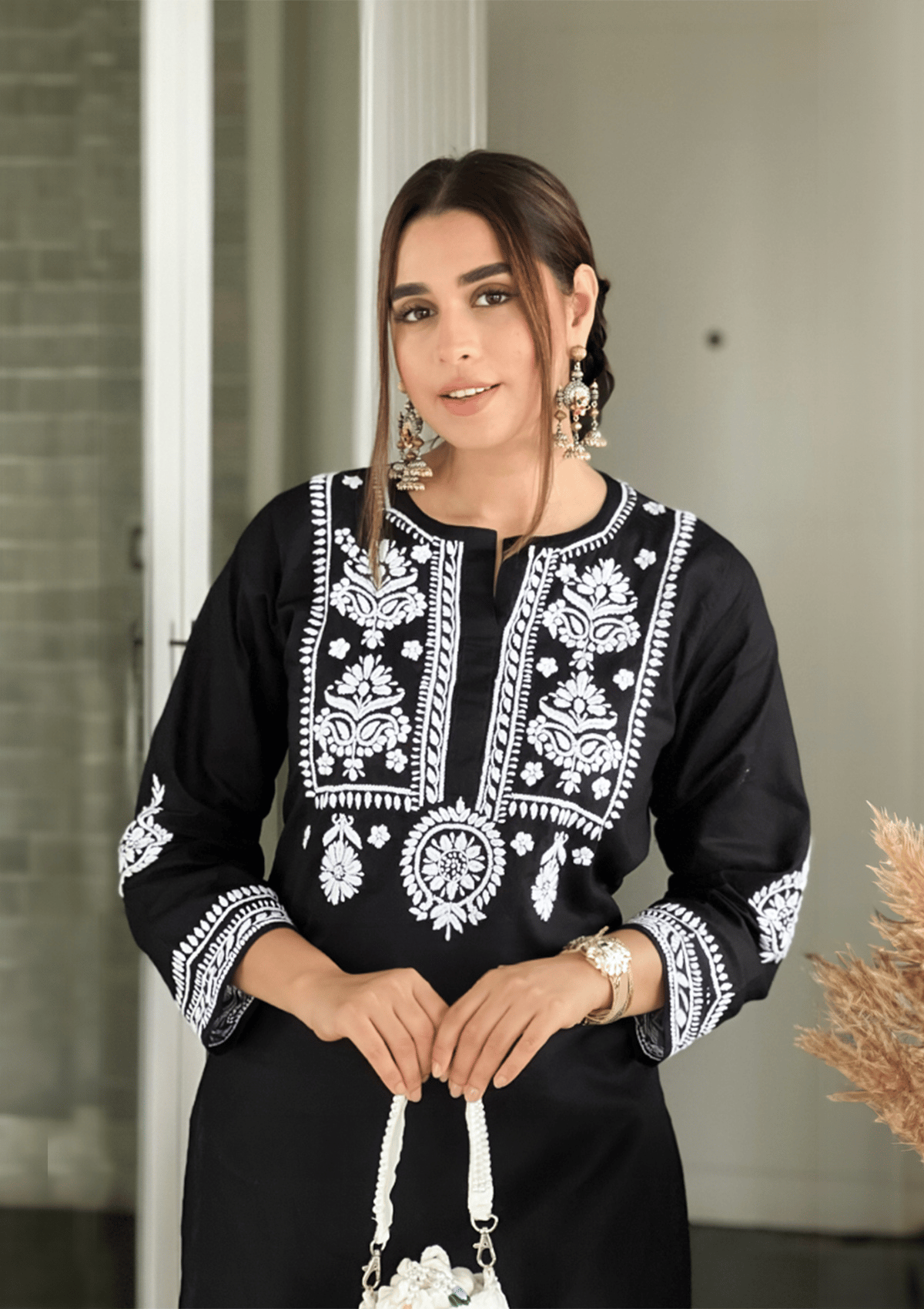 Cotton Chikankari Solid Women's 2 PC Long Kurta Set - Black