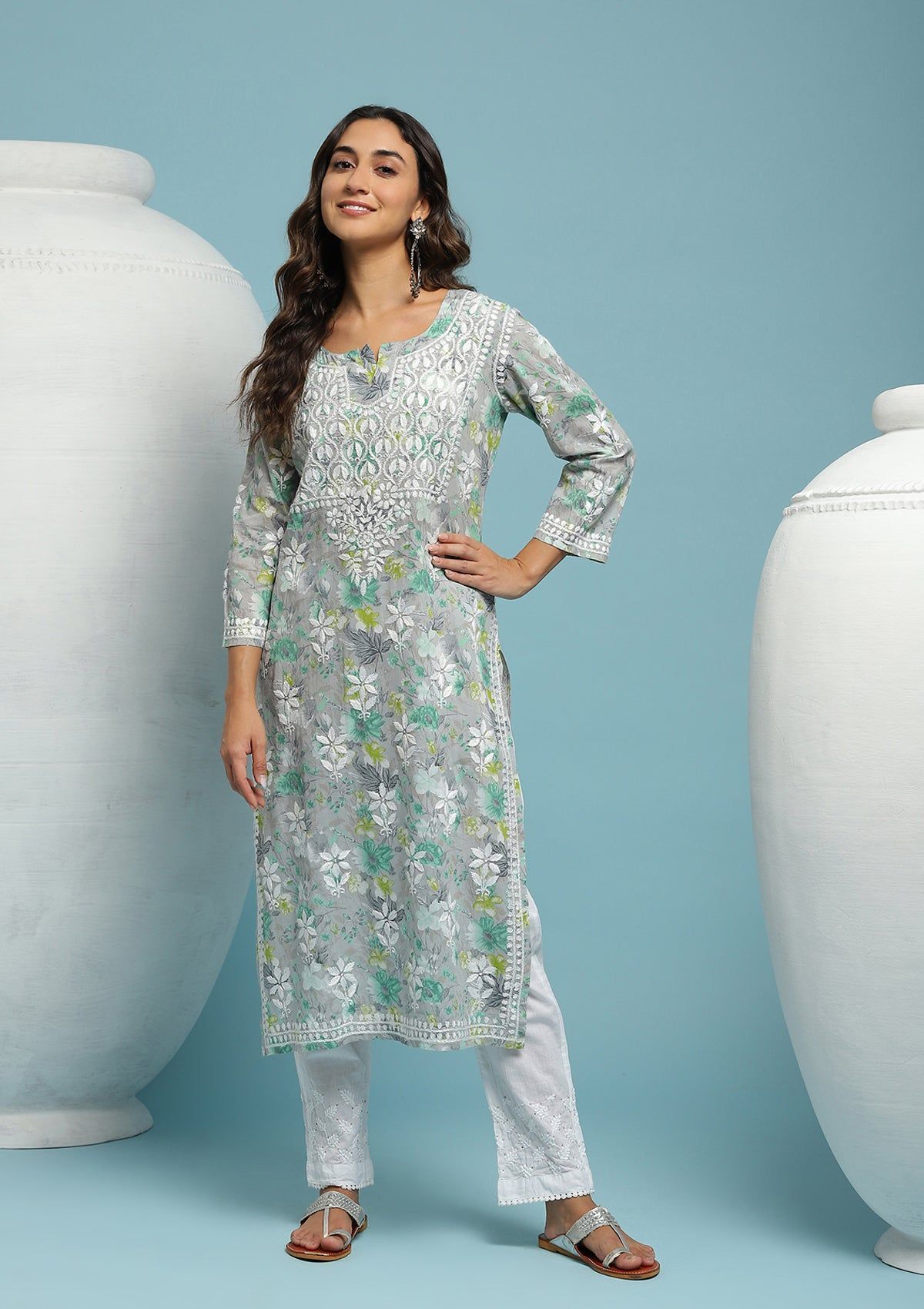 Mulmul Chikankari Printed Women's Long Kurta - Grey & Green