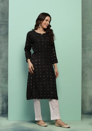 Chanderi Chikankari Solid Women's Long Kurta - Black