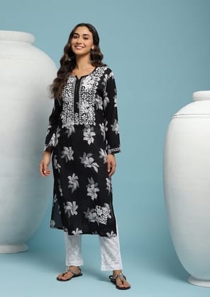 Cotton Chikankari Printed Women's Long Kurta - Black