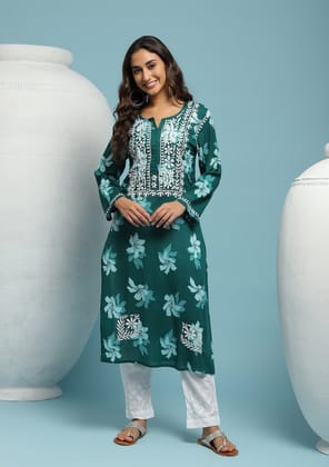 Cotton Chikankari Printed Women's Long Kurta - Green