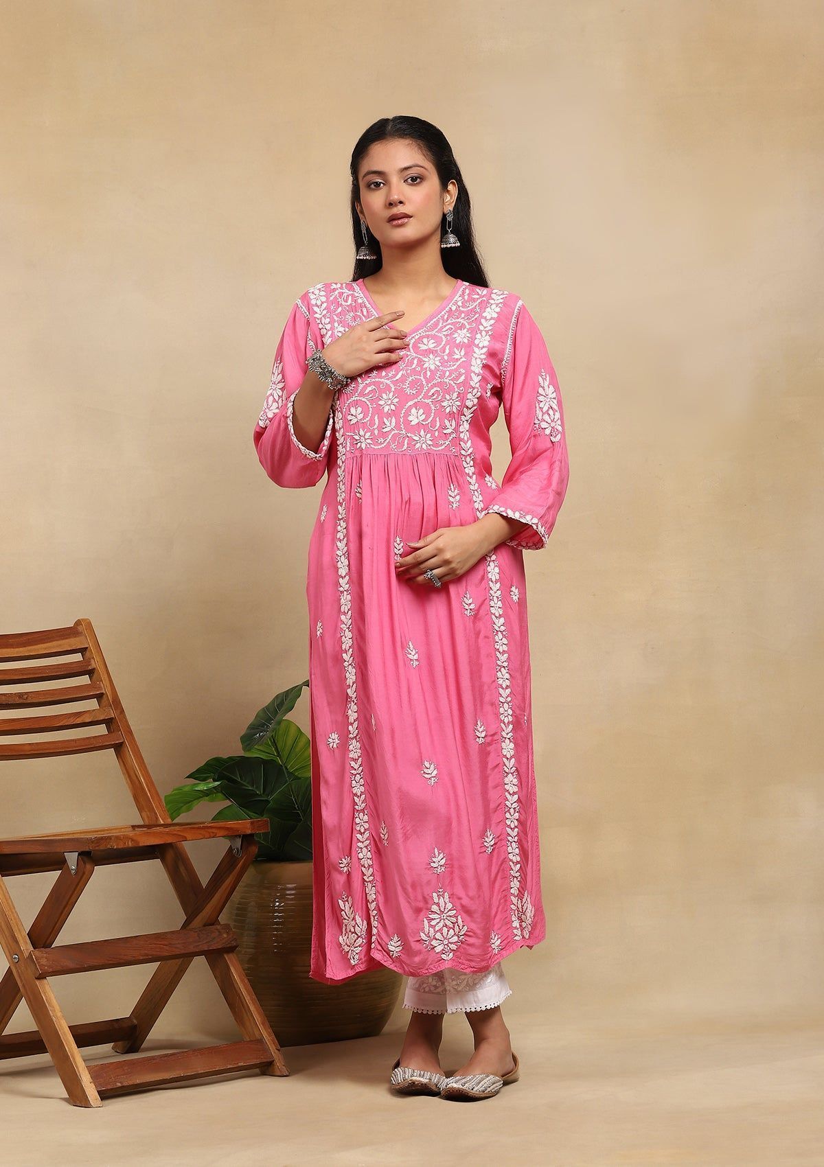 Muslin Chikankari Solid Women's Long Kurta - Pink