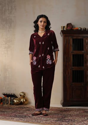 Velvet Chikankari Solid Women's 2 PC Co-ord Set - Maroon