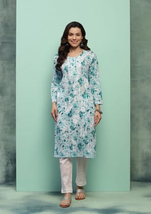 Cotton Chikankari Printed Women's Long Kurta - Teal