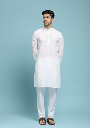 Cotton Schiffli Solid Men's Long Kurta - White