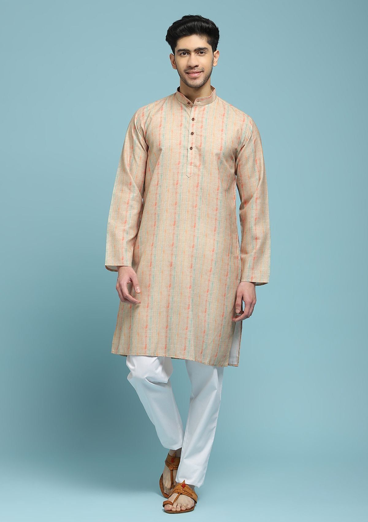 Poly Cotton Printed Men's Long Kurta - Beige