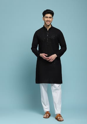 Cotton Schiffli With Sequins Solid Men's Long Kurta - Black